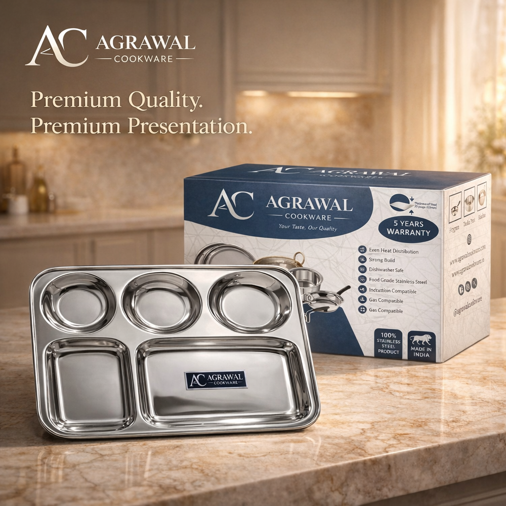 Agrawal Cookware Premium Stainless Steel Compartment Plates 5 in 1 Round Shape - Set of 6