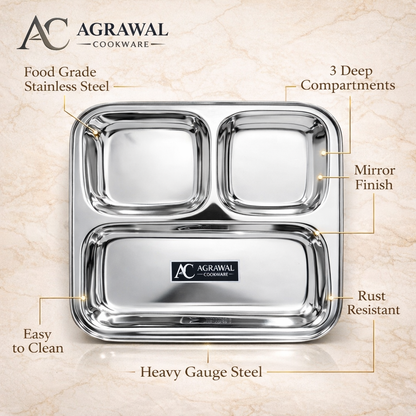 Agrawal Cookware Premium Stainless Steel Compartment Plates 3 in 1 Square Shape - Set of 6
