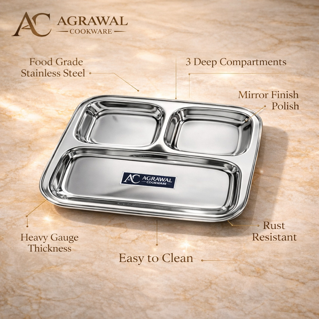 Agrawal Cookware Premium Stainless Steel Compartment Plates 3 in 1 Square Shape - Set of 6
