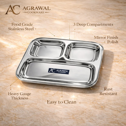 Agrawal Cookware Premium Stainless Steel Compartment Plates 3 in 1 Square Shape - Set of 6