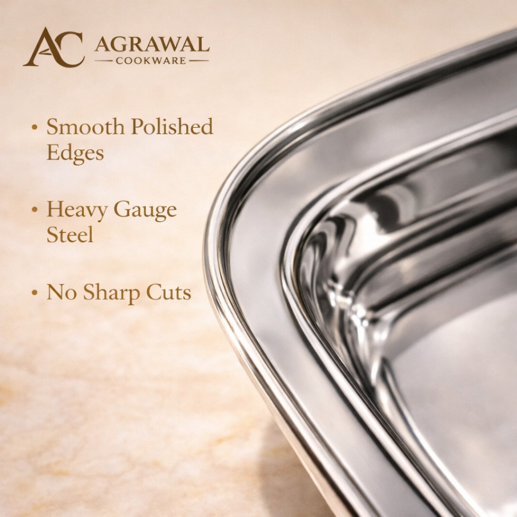 Agrawal Cookware Premium Stainless Steel Compartment Plates 3 in 1 Square Shape - Set of 6