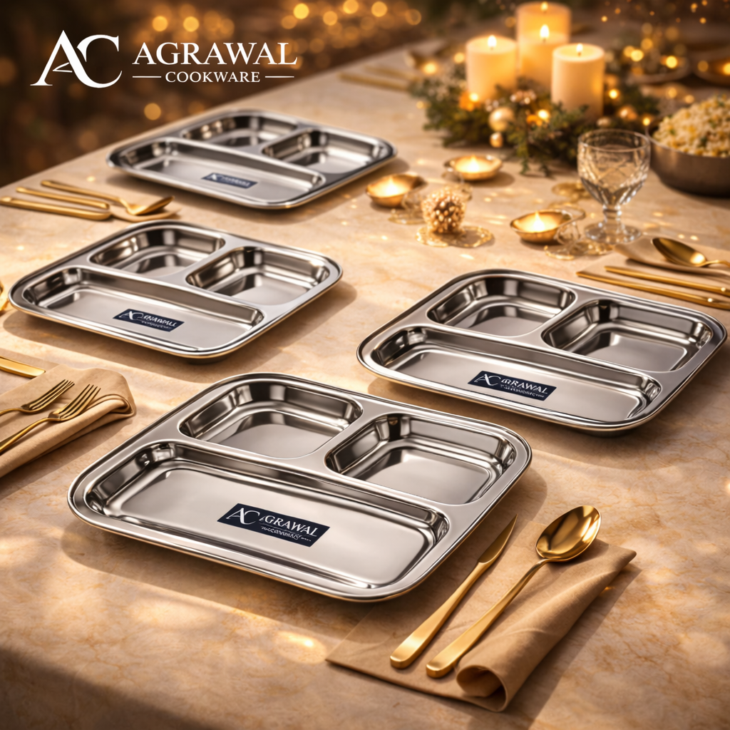 Agrawal Cookware Premium Stainless Steel Compartment Plates 3 in 1 Square Shape - Set of 6