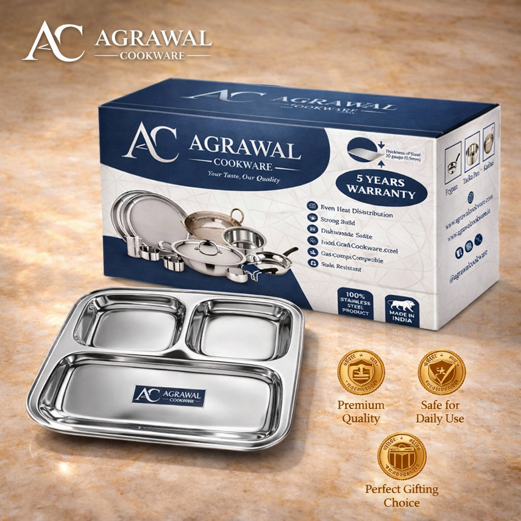 Agrawal Cookware Premium Stainless Steel Compartment Plates 3 in 1 Square Shape - Set of 6