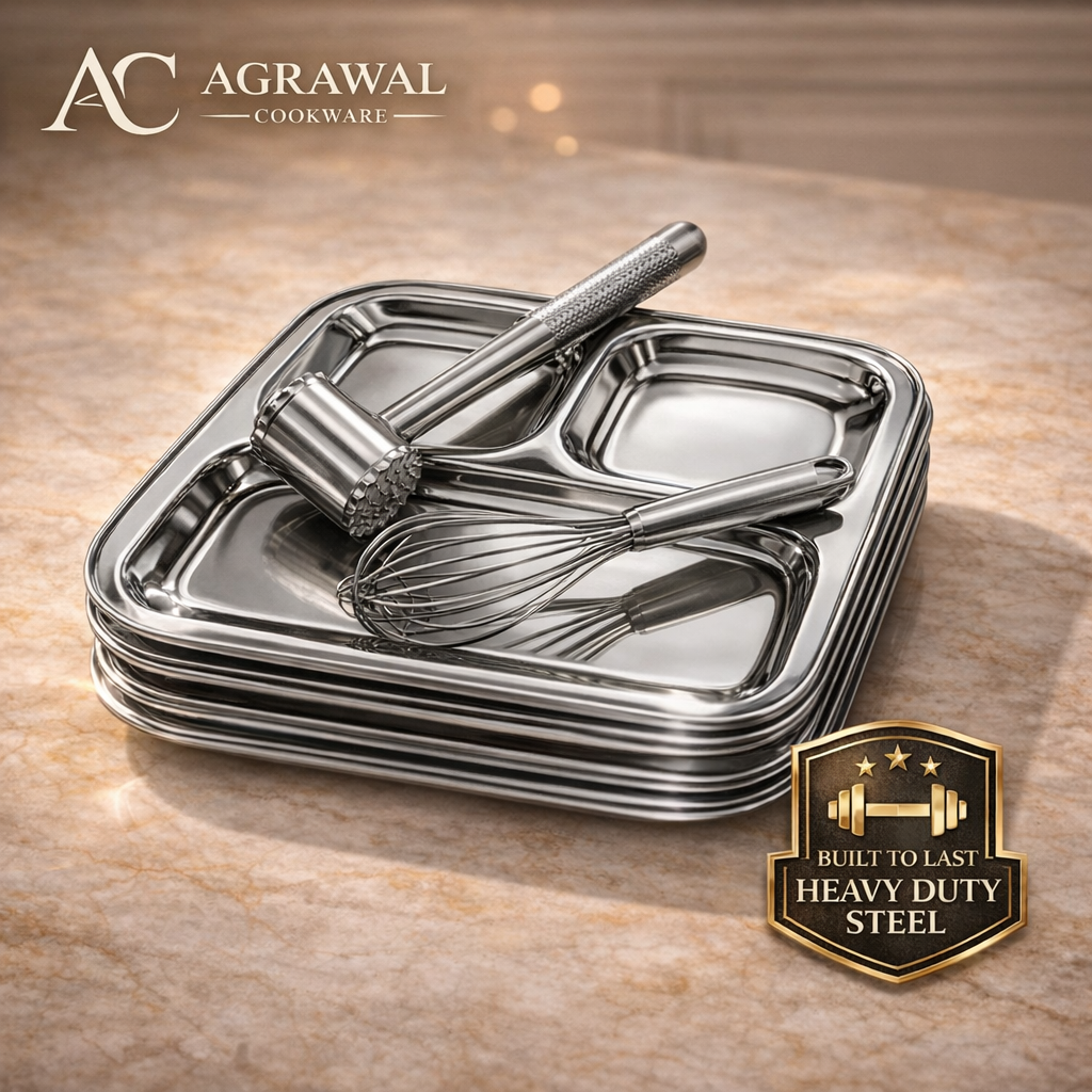 Agrawal Cookware Premium Stainless Steel Compartment Plates 3 in 1 Square Shape - Set of 6