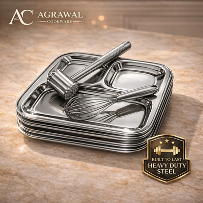 Agrawal Cookware Premium Stainless Steel Compartment Plates 3 in 1 Square Shape - Set of 6