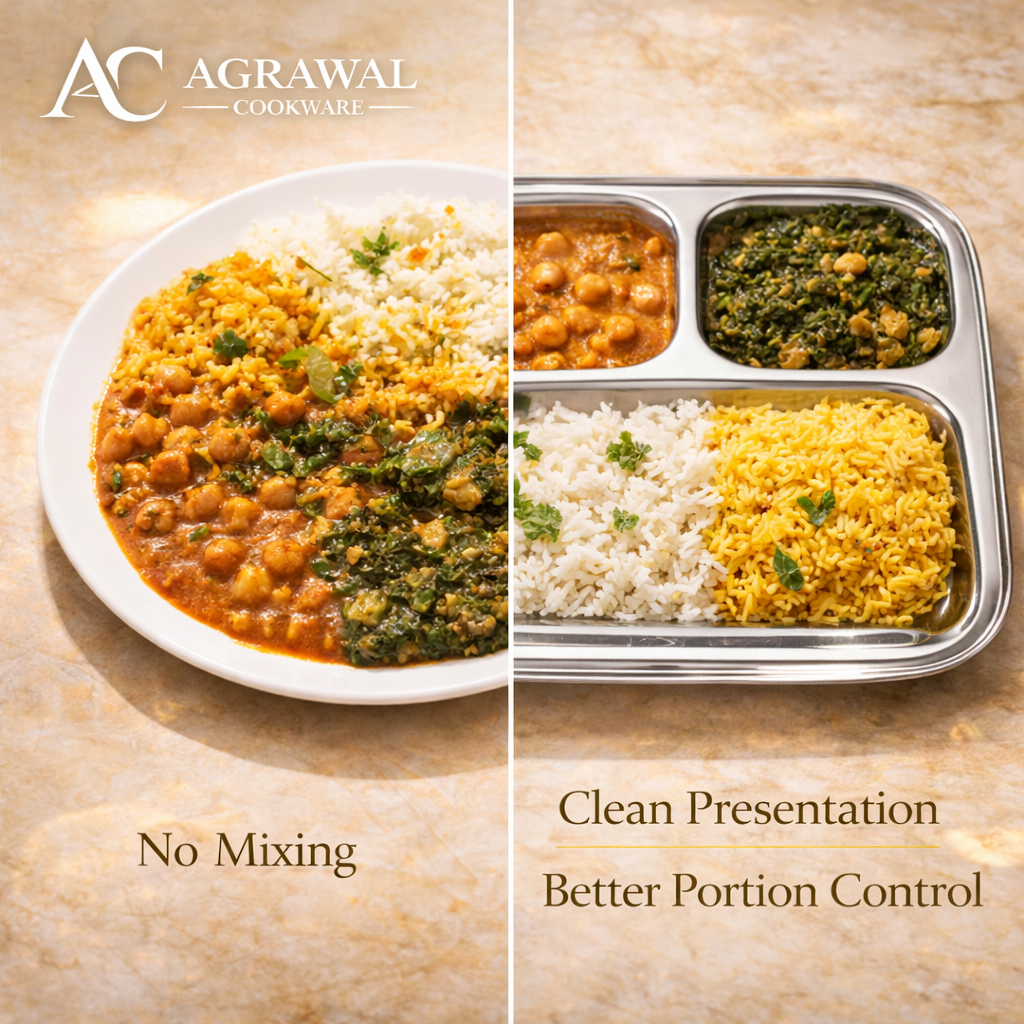 Agrawal Cookware Premium Stainless Steel Compartment Plates 3 in 1 Square Shape - Set of 6