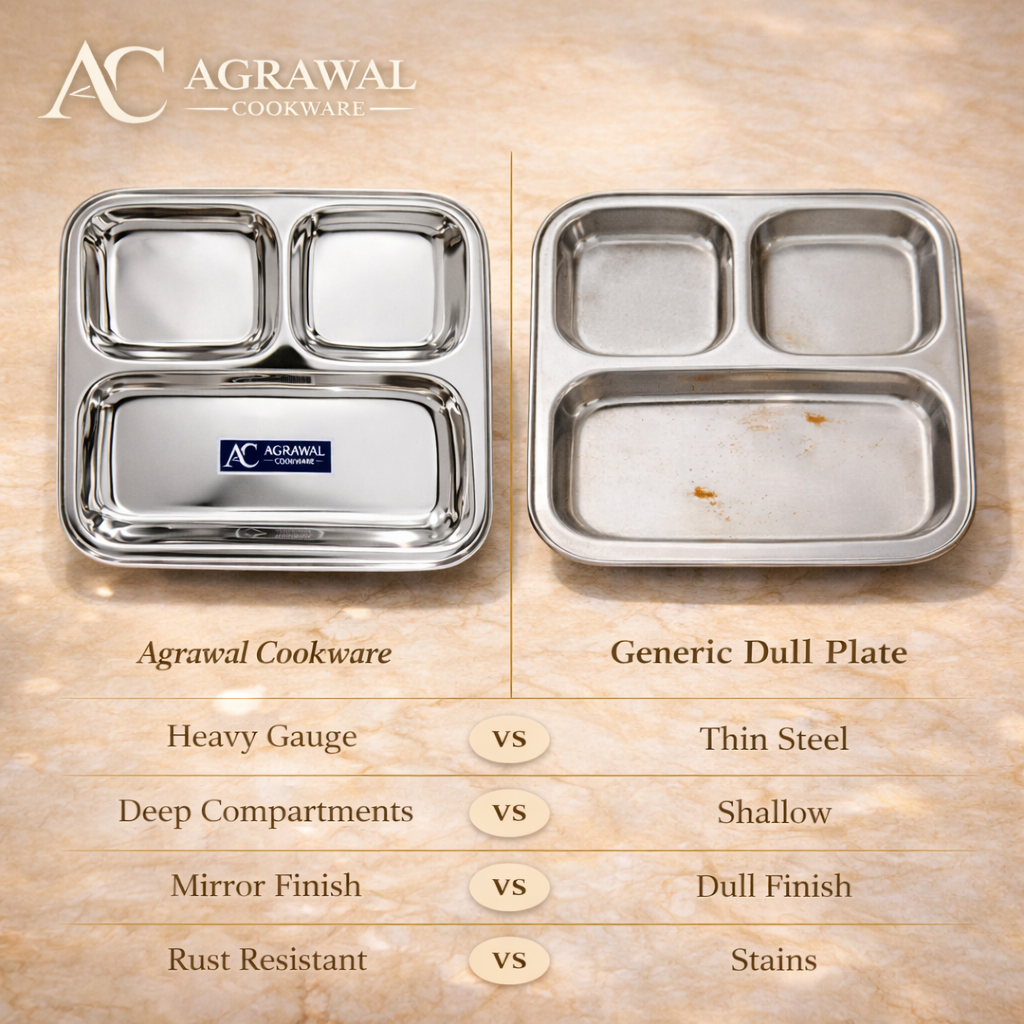 Agrawal Cookware Premium Stainless Steel Compartment Plates 3 in 1 Square Shape - Set of 6