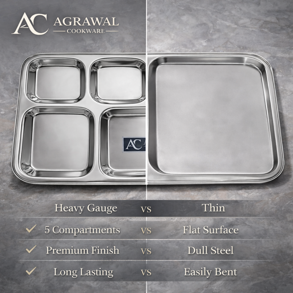 Agrawal Cookware Premium Stainless Steel Compartment Plates 5 in 1 Square Shape - Set of 6