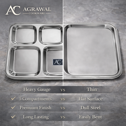 Agrawal Cookware Premium Stainless Steel Compartment Plates 5 in 1 Square Shape - Set of 6