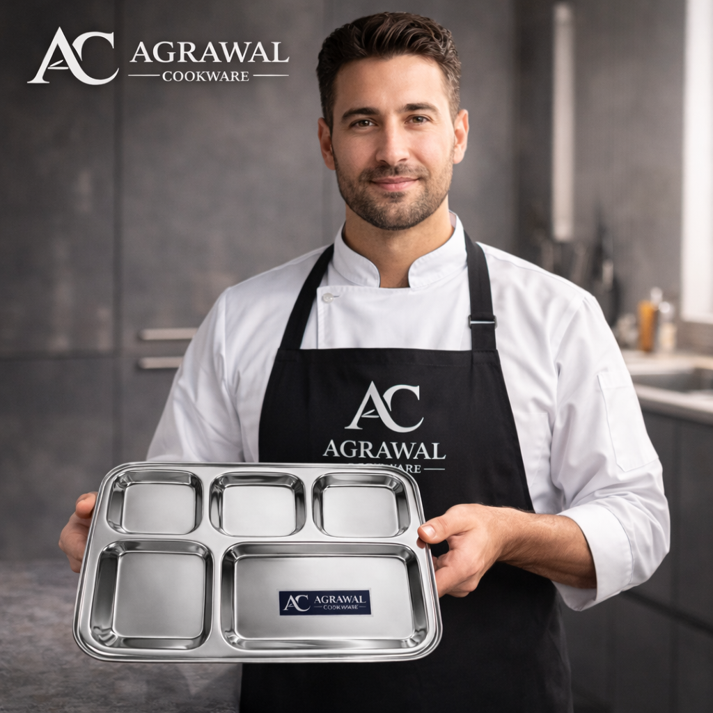 Agrawal Cookware Premium Stainless Steel Compartment Plates 5 in 1 Square Shape - Set of 6