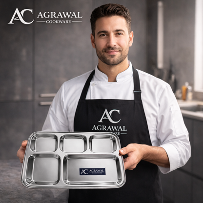 Agrawal Cookware Premium Stainless Steel Compartment Plates 5 in 1 Square Shape - Set of 6