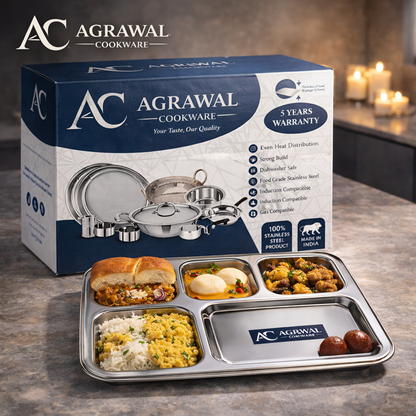 Agrawal Cookware Premium Stainless Steel Compartment Plates 5 in 1 Square Shape - Set of 6