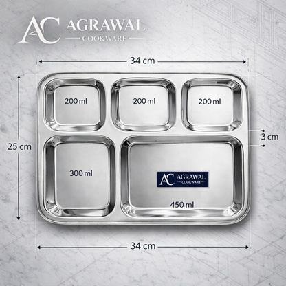 Agrawal Cookware Premium Stainless Steel Compartment Plates 5 in 1 Square Shape - Set of 6