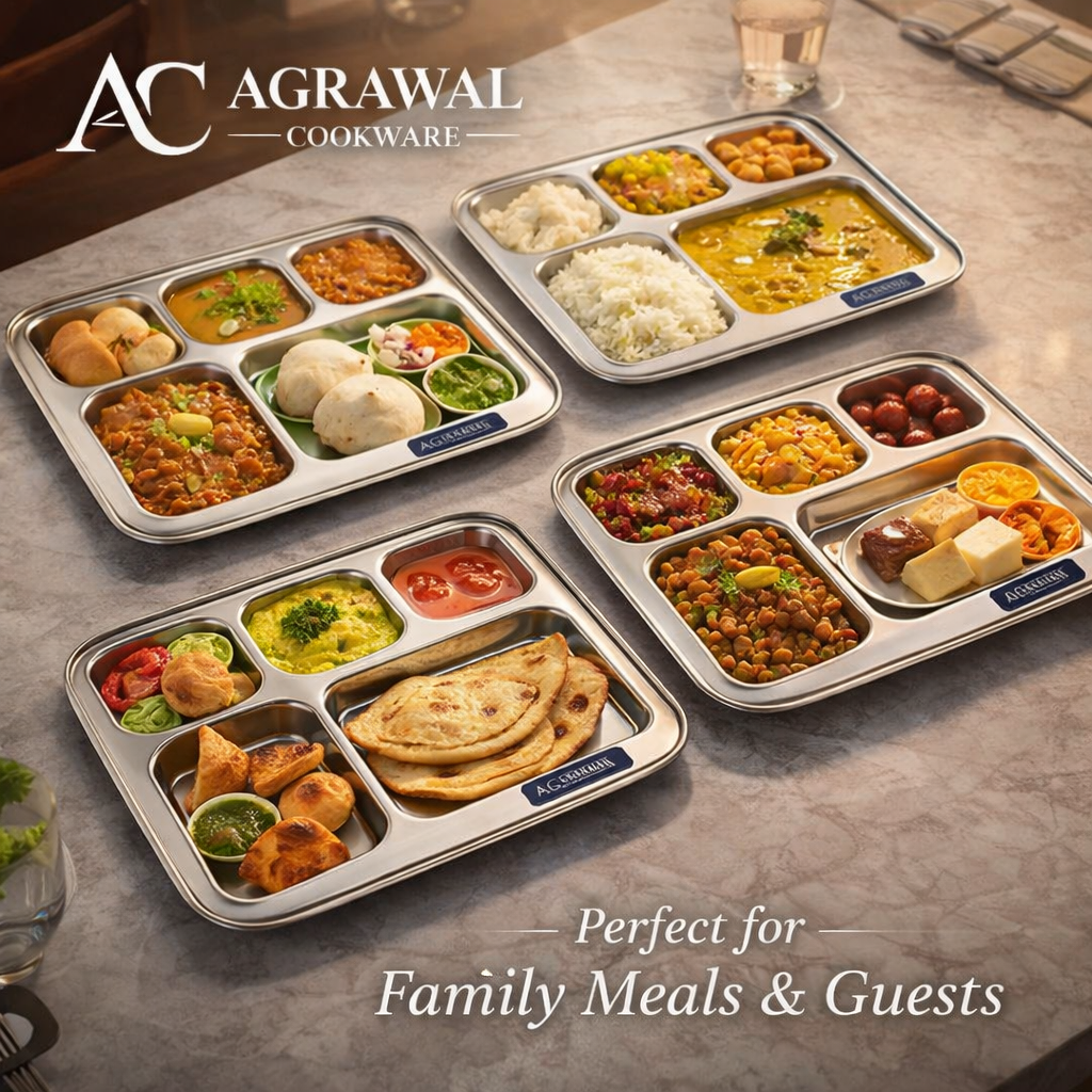 Agrawal Cookware Premium Stainless Steel Compartment Plates 5 in 1 Square Shape - Set of 6