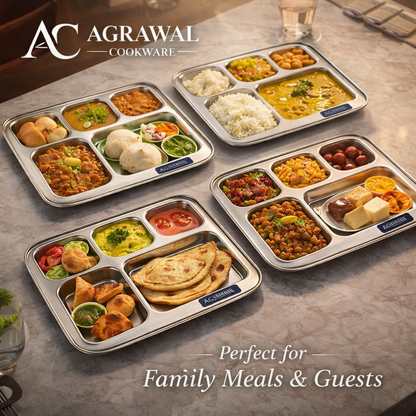 Agrawal Cookware Premium Stainless Steel Compartment Plates 5 in 1 Square Shape - Set of 6
