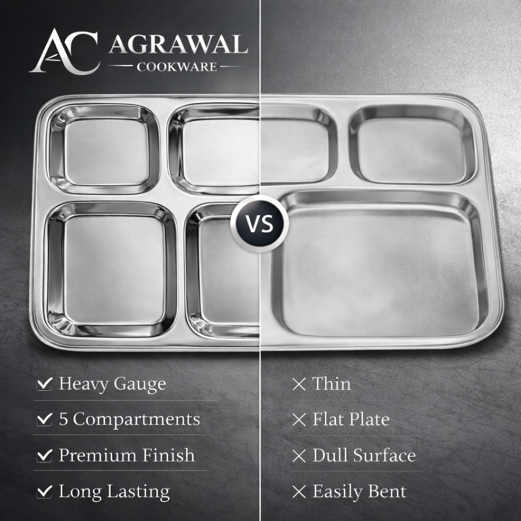 Agrawal Cookware Premium Stainless Steel Compartment Plates 5 in 1 Square Shape - Set of 6