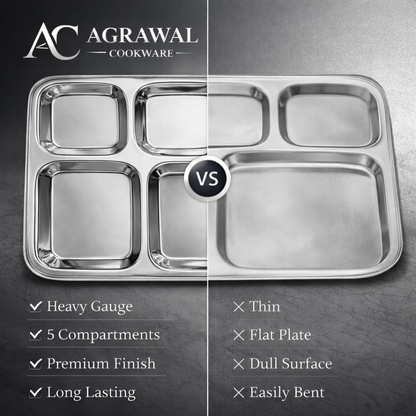 Agrawal Cookware Premium Stainless Steel Compartment Plates 5 in 1 Square Shape - Set of 6