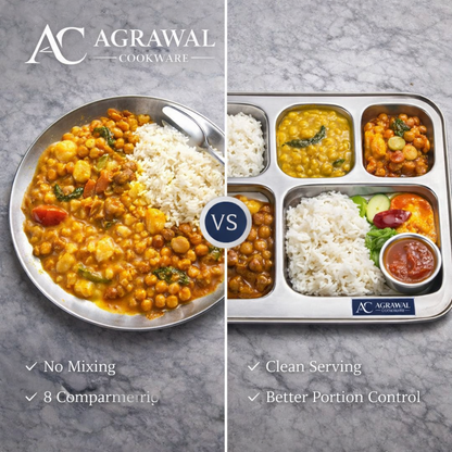 Agrawal Cookware Premium Stainless Steel Compartment Plates 5 in 1 Square Shape - Set of 6