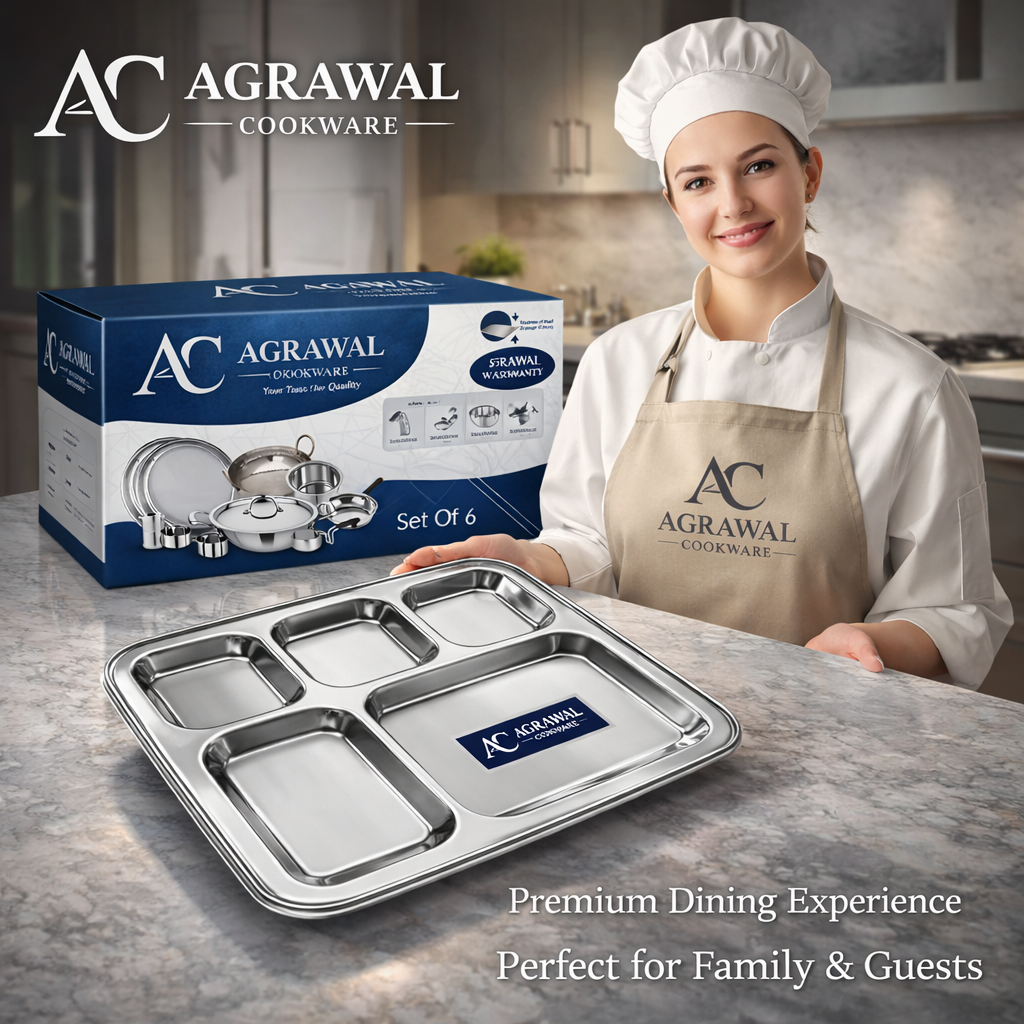 Agrawal Cookware Premium Stainless Steel Compartment Plates 5 in 1 Square Shape - Set of 6