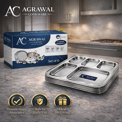 Agrawal Cookware Premium Stainless Steel Compartment Plates 5 in 1 Square Shape - Set of 6
