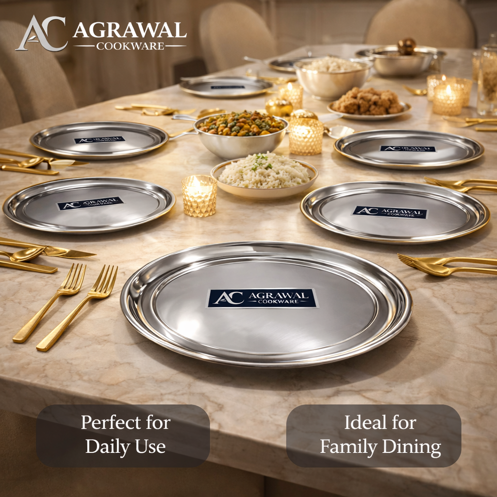 Agrawal Cookware Premium Stainless Steel Round Dinner Plates - Set of 6