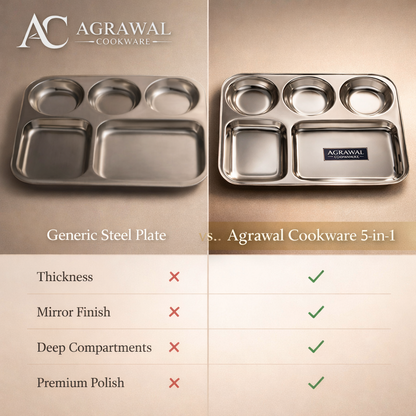 Agrawal Cookware Premium Stainless Steel Compartment Plates 5 in 1 Round Shape - Set of 6