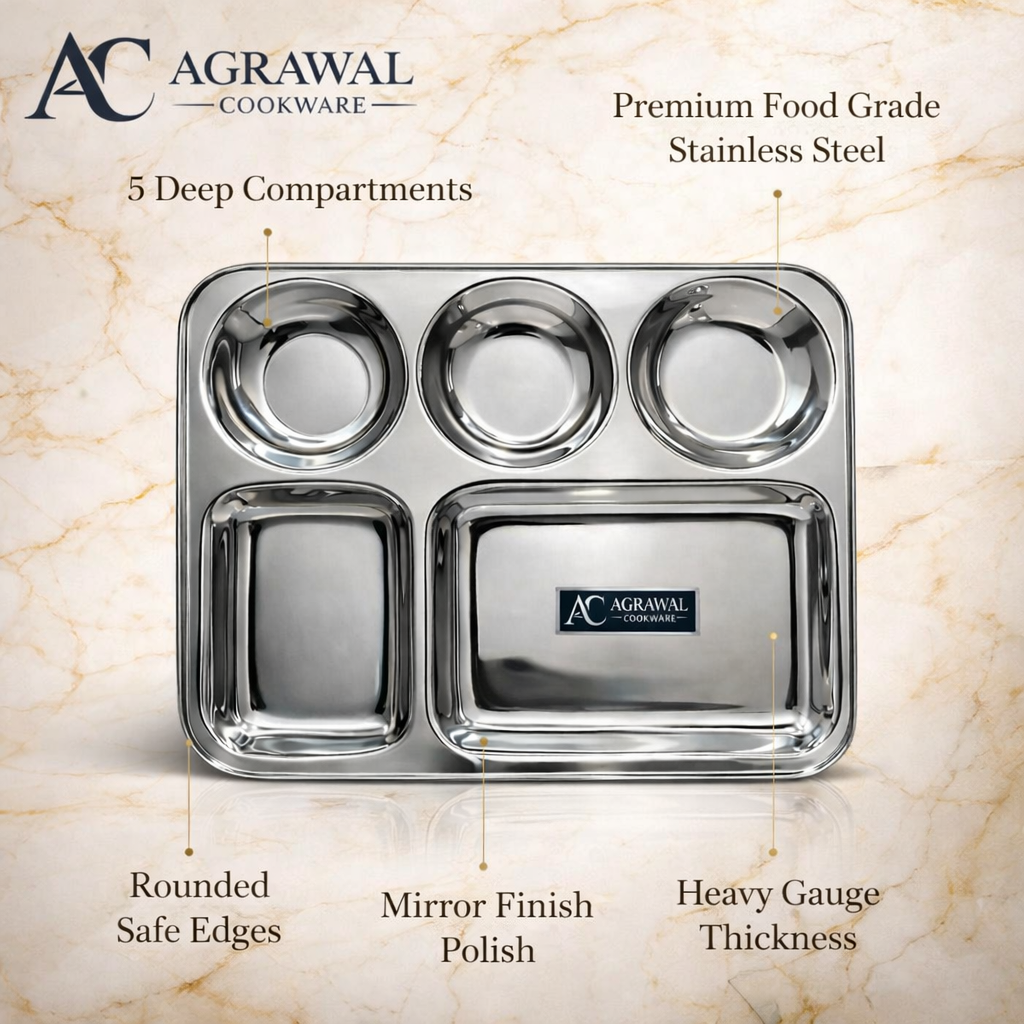 Agrawal Cookware Premium Stainless Steel Compartment Plates 5 in 1 Round Shape - Set of 6
