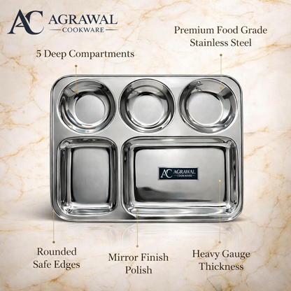 Agrawal Cookware Premium Stainless Steel Compartment Plates 5 in 1 Round Shape - Set of 6
