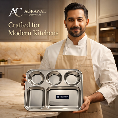 Agrawal Cookware Premium Stainless Steel Compartment Plates 5 in 1 Round Shape - Set of 6