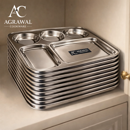 Agrawal Cookware Premium Stainless Steel Compartment Plates 5 in 1 Round Shape - Set of 6