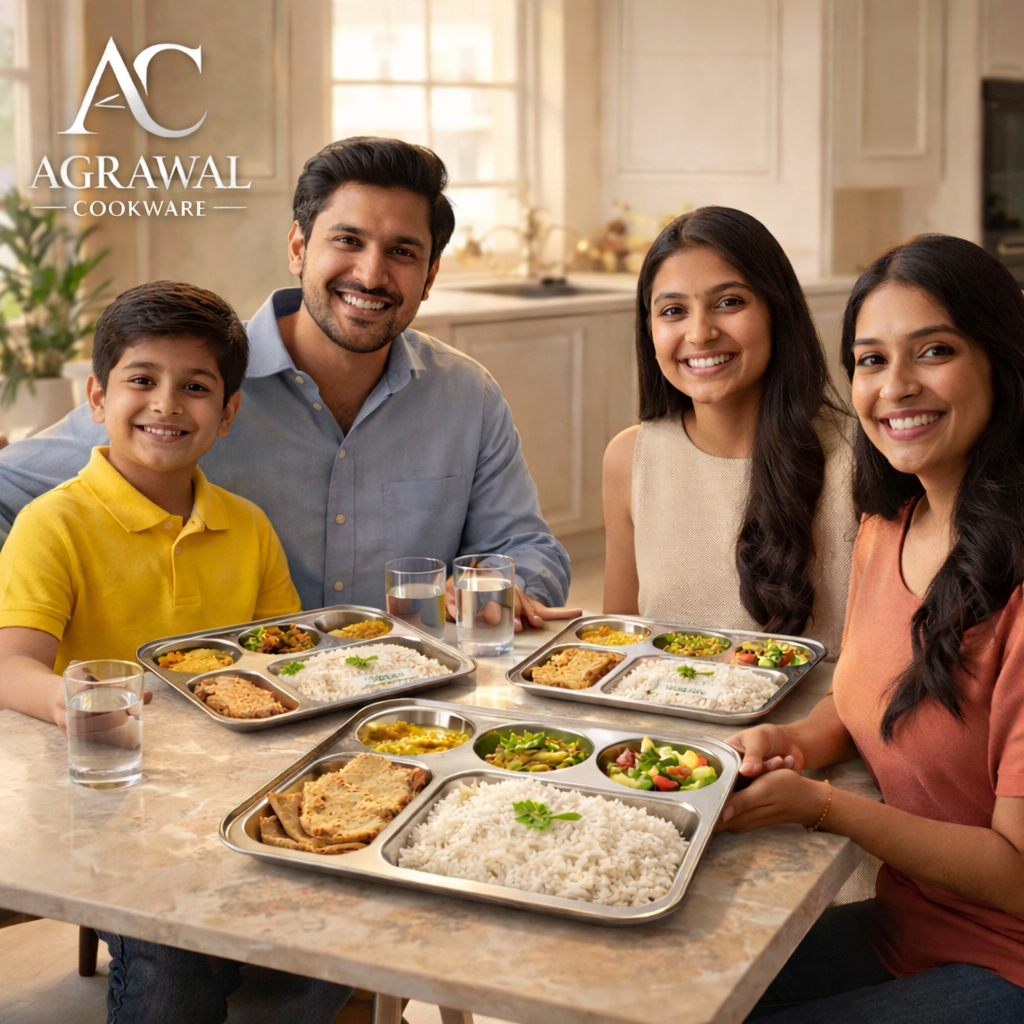 Agrawal Cookware Premium Stainless Steel Compartment Plates 5 in 1 Round Shape - Set of 6