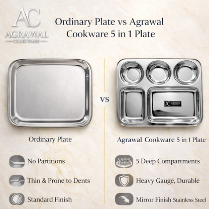 Agrawal Cookware Premium Stainless Steel Compartment Plates 5 in 1 Round Shape - Set of 6