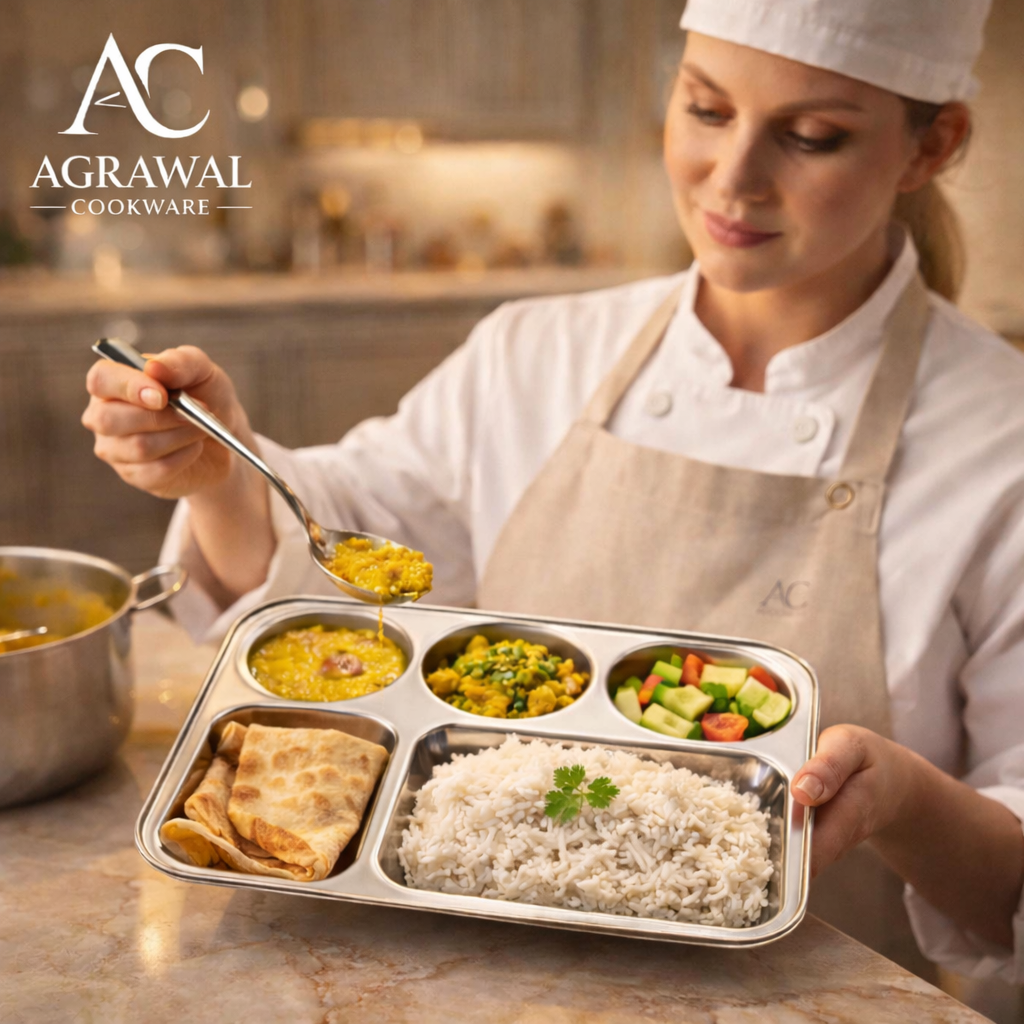 Agrawal Cookware Premium Stainless Steel Compartment Plates 5 in 1 Round Shape - Set of 6