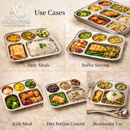 Agrawal Cookware Premium Stainless Steel Compartment Plates 5 in 1 Round Shape - Set of 6