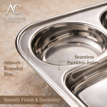 Agrawal Cookware Premium Stainless Steel Compartment Plates 5 in 1 Round Shape - Set of 6