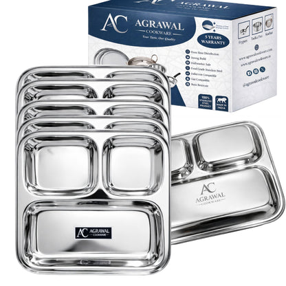 Agrawal Cookware Premium Stainless Steel Compartment Plates 3 in 1 Square Shape - Set of 6