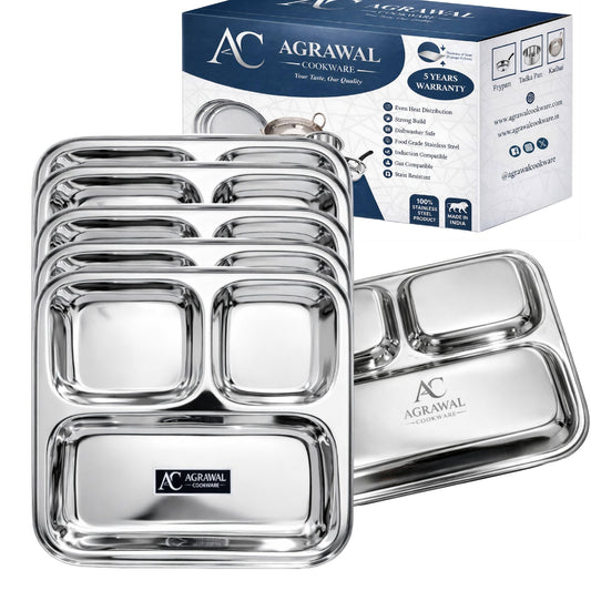 Agrawal Cookware Premium Stainless Steel Compartment Plates 3 in 1 Square Shape - Set of 6