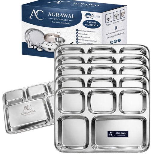 Agrawal Cookware Premium Stainless Steel Compartment Plates 5 in 1 Square Shape - Set of 6
