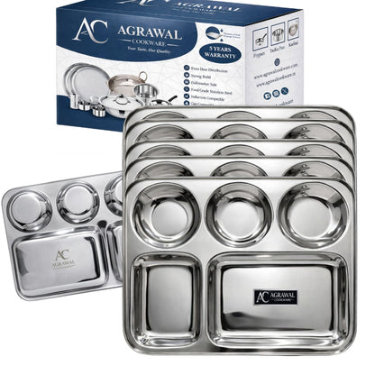 Agrawal Cookware Premium Stainless Steel Compartment Plates 5 in 1 Round Shape - Set of 6